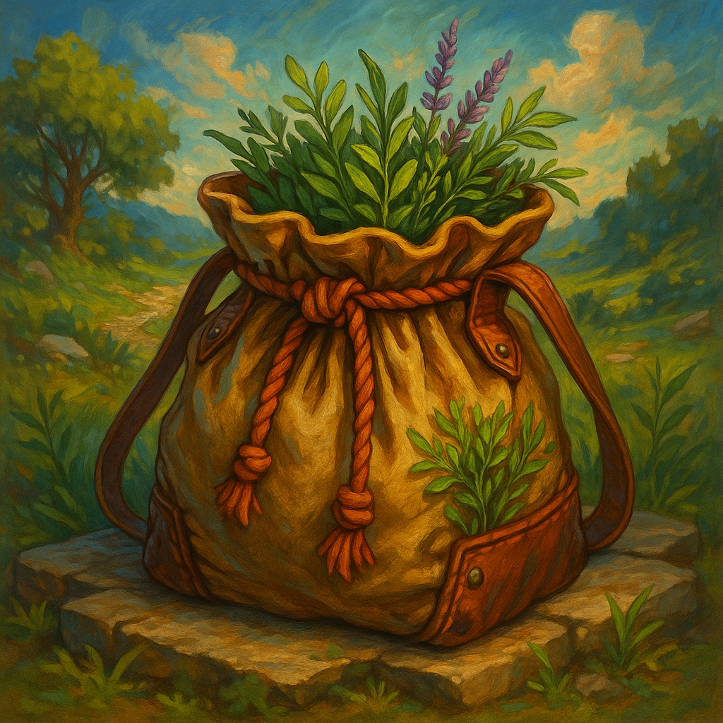 Illustration de Sac de voyage en toile contenant des herbes médicinales - Sac