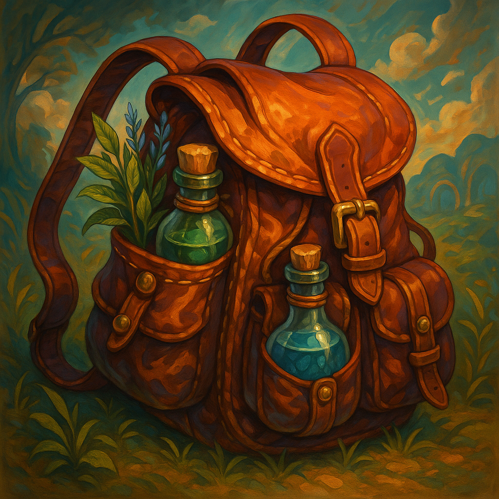 Illustration de Sac à dos rempli d'herbes et de potions - Sac